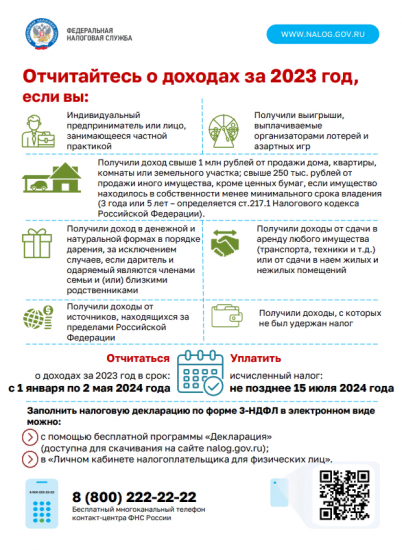 До 2 мая необходимо представить декларацию о доходах, полученных физлицом в 2023 году