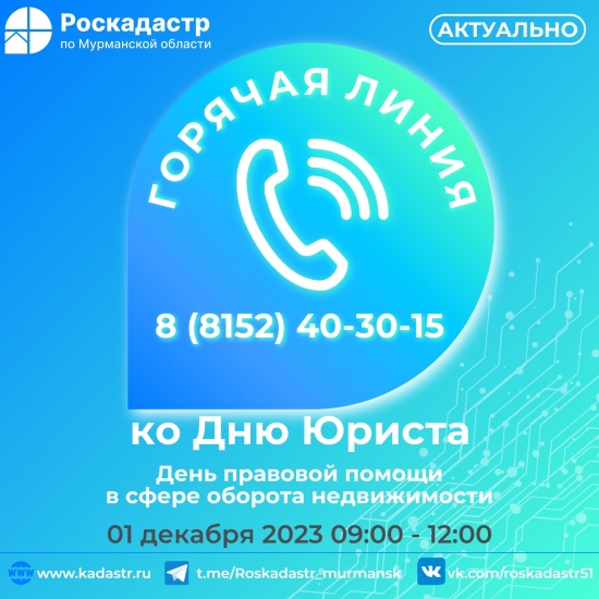 1 декабря в филиале компании «Роскадастр» по Мурманской области пройдет горячая линия по вопросам оборота недвижимости